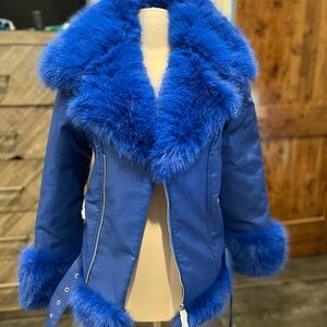 Luxurious Blue Faux Fur Trimmed Women's Jacket